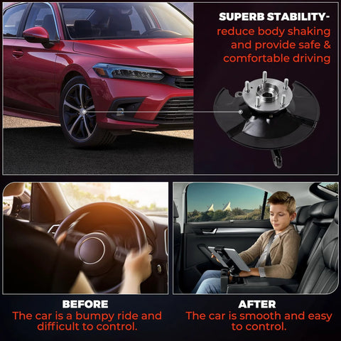 Front and side view of a 2020s Honda Civic and Plug-And-Play Front Steering Knuckle Wheel Bearing Hub Assembly For Honda Civic 2012 2013 2014 2015 2016 1.8L Left Driver Side Replacement Part 51216-TR3-Y00 51216-TR0-A00 Direct Fit OEM-Grade