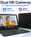 Android 16 Tablet 10.1 Inch 2 In 1 Bundle with Keyboard showing video call, dual HD cameras, ideal for students and business.
