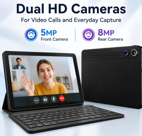 Android 16 Tablet 10.1 Inch 2 In 1 Bundle with Keyboard showing video call, dual HD cameras, ideal for students and business.