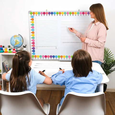 Back To School 24 Piece Magnetic Borders Set For Classrooms And Whiteboards With Kid Friendly Hot Air Balloon Design in use