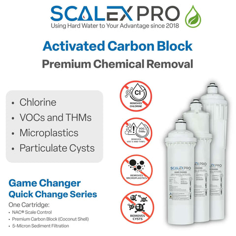 Game Changer 10in Water Filter Replacement With NAC Scale Prevention And Coconut Shell Carbon Block Filtration Eliminates Chlorine And Odors Keeps Espresso Coffee Ice And Steam Gear Running Clean Fits Most Industry Standard QC Heads 4000 Gal Capacity visible with multiple filter cartridges and scale prevention icons.