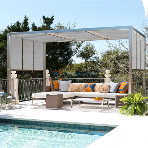 Shade-covered patio with sectional sofa under Nine By Twenty Foot Shade Cloth With Grommets For Outdoor Shade Stay Cool UV Protected HDPE Fabric
