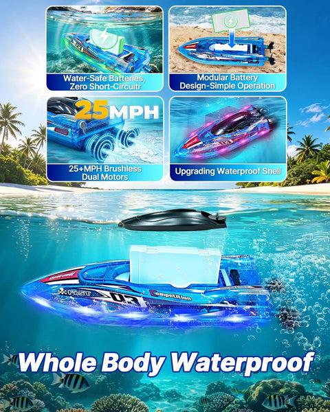 Fast Remote Control Boat for Kids and Adults, 25 MPH Brushless Dual Motor RC Speed Boat with waterproof design displayed underwater