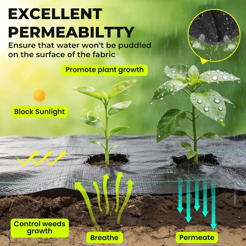 Heavy Duty 4 Foot By 300 Foot Weed Barrier Landscape Fabric 3.2 Oz Woven Geotextile Ground Cover installed in garden