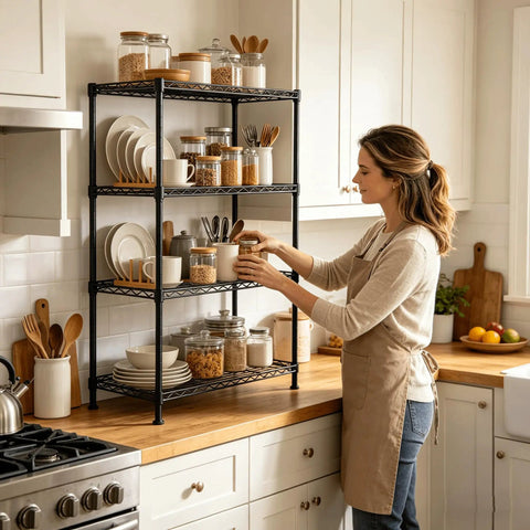 4 Tier Storage Racks Shelving System With Adjustable Wire Shelves, Heavy Steel Construction Built For Garage, Kitchen, Bathroom Or Office, Maximizes Space, Black Finish, Durable Steel Frame, Easy Assembly, Dimensions 20 W X 12 D X 32 H in kitchen with jars