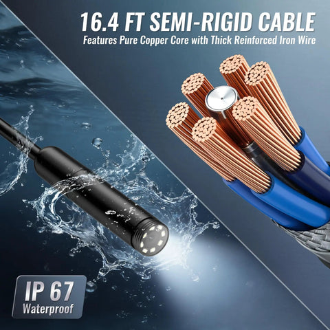 Endoscope Camera 16.4 Ft Cable 1920P HD For iOS And Android With Type C To Lightning And Type C To Micro USB Adapters Real Time View On Phones Tablets And PCs HarmonyOS Not Supported, IP67 waterproof