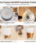 4 In 1 Electric Milk Frother And Steamer With Large Capacity For Hot Or Cold Foam Automatic Warm Milk Warmer showing high and low foaming ratio.