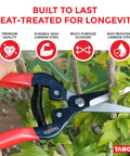 Close-up of Ultra Light Long Reach Pruning Shears For Garden And Florist Use cutting a green branch, focus on heat-treated carbon steel blades.