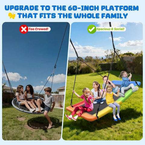 Children and adults on 700 Pound Capacity Giant 60 Inch Skycurve Platform Tree Swing For Kids And Adults With Two Hanging Straps Rainbow Patented Design Perfect For Backyards And Outdoor Playgrounds Safer Longer Fun With Easy Assembly in backyard