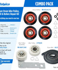 Dryer Repair Kit With Belt And Idler Pulley 4392067 W10837240 Drum Roller Bearing Replacement Parts combo pack image.