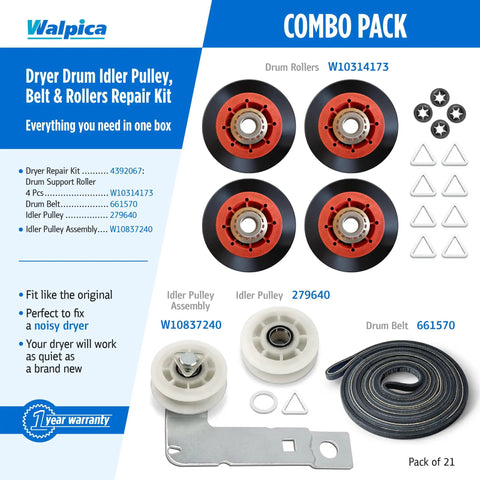 Dryer Repair Kit With Belt And Idler Pulley 4392067 W10837240 Drum Roller Bearing Replacement Parts combo pack image.