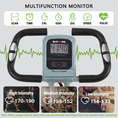 Multifunction monitor on No Hassle Foldable Spin Bike For Home Gym Shredding, displaying workout stats and heart rate zones.