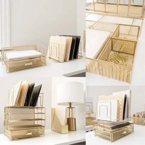 Gold Desk Organizer Set With Detachable File Organizer, Stackable Paper Tray And Storage Drawer displayed on desk