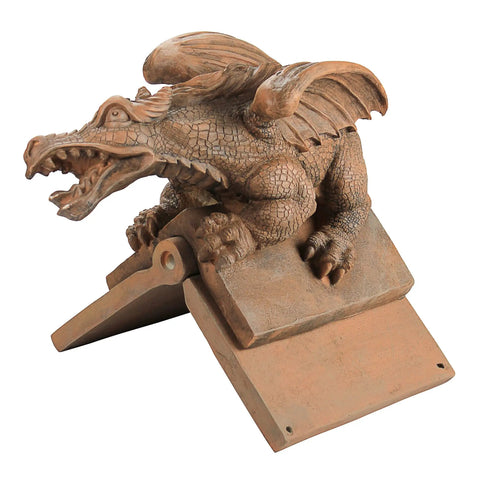Winged Dragon Roof Cresting Sculpture In Terra Cotta, Hand Cast Stone Resin Ornament For Roofline Or Garden, sculpted in detail