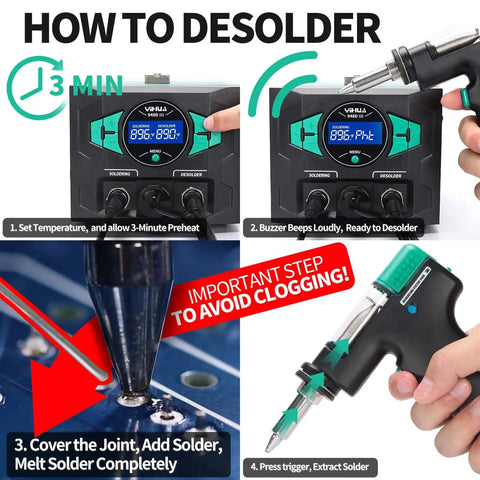 Step-by-step guide using Pro Grade 110W EVO Soldering Station And Desoldering Kit With Vacuum Pump for effective desoldering.
