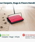 No Sweat Push Powered Carpet Sweeper With Triple Brush Heads for dust pickup on rugs and vinyl floors, showing pet hair and crumbs.