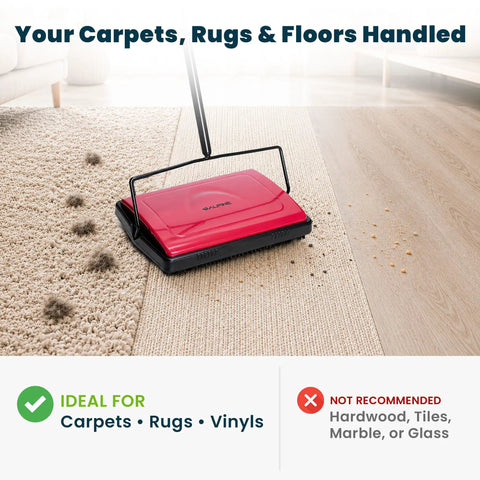 No Sweat Push Powered Carpet Sweeper With Triple Brush Heads for dust pickup on rugs and vinyl floors, showing pet hair and crumbs.