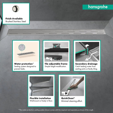 Top Drawer Slick Linear Shower Drain For Standard 30 Inch Rough Opening Featuring Height Adjustable Frame In Brushed Stainless Steel, showing features.