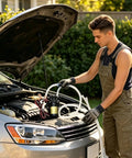 Person using a 12V Self-Priming Oil Transfer Pump for fluid extraction from a car engine in a home garage.