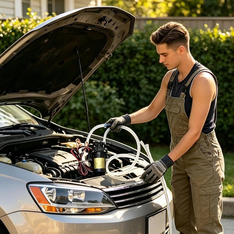 Person using a 12V Self-Priming Oil Transfer Pump for fluid extraction from a car engine in a home garage.