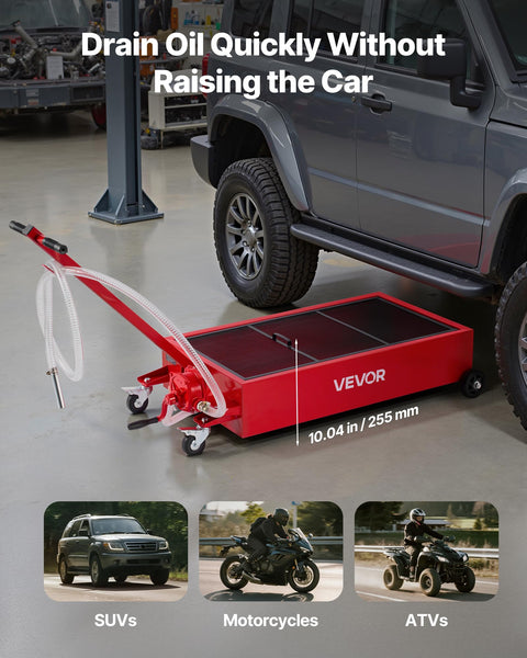 Low Profile 20 Gallon Rolling Oil Drain Pan With Manual Pump And 7.2 Foot Hose, Leak Proof, T Folding Handle in garage with SUV