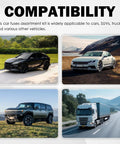 Compatibility of 120 Piece Car Fuses Assortment Kit with cars, SUVs, and trucks shown in various driving environments