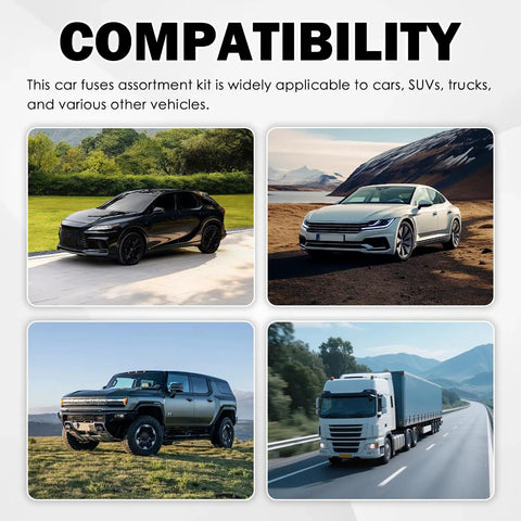 Compatibility of 120 Piece Car Fuses Assortment Kit with cars, SUVs, and trucks shown in various driving environments