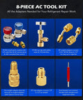 AC Freon Recharge Kit For Home Or Car, 8 Piece Gauge Hose Conversion Fittings Set With Adjustable Couplers, R410A Adapters, Leakproof High And Low Pressure Tools For Easy Charging And Repair Of Refrigerant Lines, shown with brass adapters