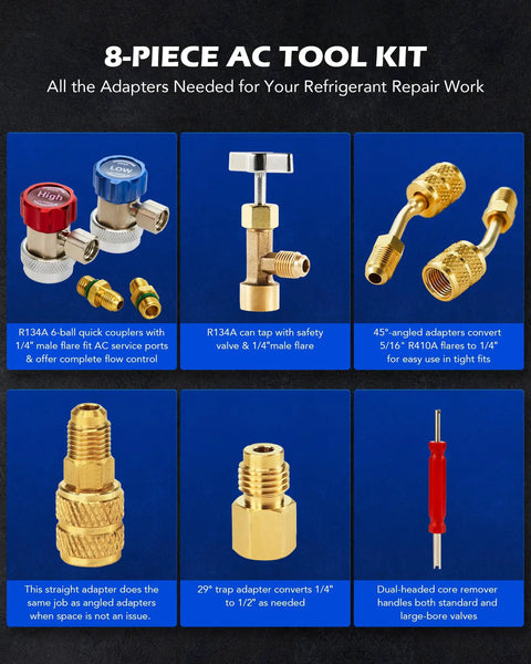AC Freon Recharge Kit For Home Or Car, 8 Piece Gauge Hose Conversion Fittings Set With Adjustable Couplers, R410A Adapters, Leakproof High And Low Pressure Tools For Easy Charging And Repair Of Refrigerant Lines, shown with brass adapters