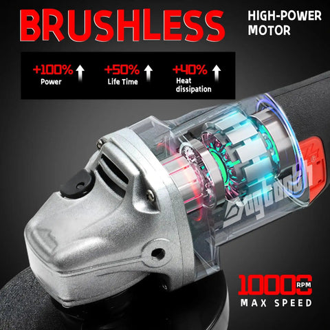 Close-up of Beast Brushless Cordless Angle Grinder with transparent cover showcasing motor, 21V battery, for metal and wood projects.