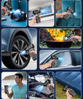 Electric Compressed Air Duster With Brushless Motor 360000 RPM Turbo Cordless Blower in various uses, like cleaning car, keyboard, and inflatables.