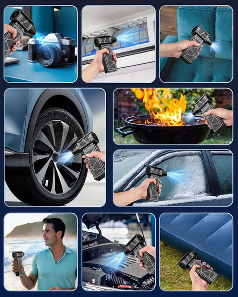 Electric Compressed Air Duster With Brushless Motor 360000 RPM Turbo Cordless Blower in various uses, like cleaning car, keyboard, and inflatables.
