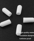 Fifty Pack White Rubber Screw Thread End Caps One Quarter Inch Six Millimeter Precision Furniture Leg Protectors on a dark background.