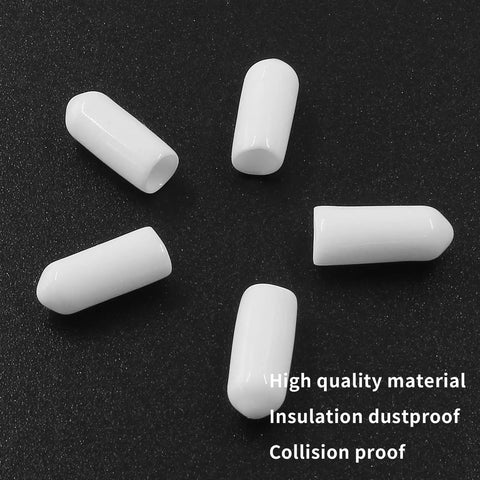 Fifty Pack White Rubber Screw Thread End Caps One Quarter Inch Six Millimeter Precision Furniture Leg Protectors on a dark background.