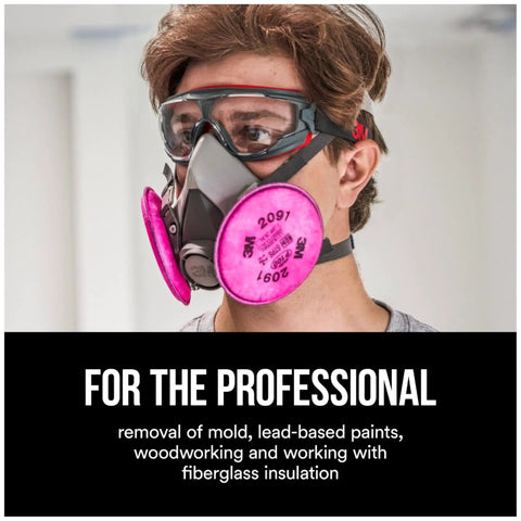 Person wearing respirator with Pink P100 Particulate Filters 2091 07000 Two Pack For Non Oil Based Particulates NIOSH Approved