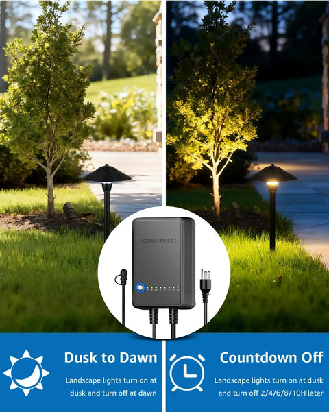 Go To All In One Outdoor Landscape Lighting Kit with 60 Watt Low Voltage Transformer and pathway light in garden at dusk