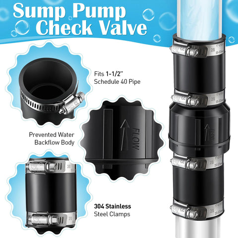 Front view: black sump pump check valve with 4 stainless steel hose clamps; fits 1-1/2 in and 1-1/4 in pipe