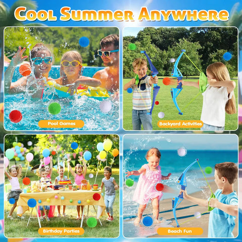 Kids playing with 25 Pack Reusable Water Balloons With Bow And Arrow Set For Kids Ages 3 To 12 Epic Pool Beach Water Fight Toys.