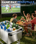 Ice Bin Cart With Wheels For Outdoor Parties And Patio Events A Portable Insulated Cooler Cart, stainless steel, in use