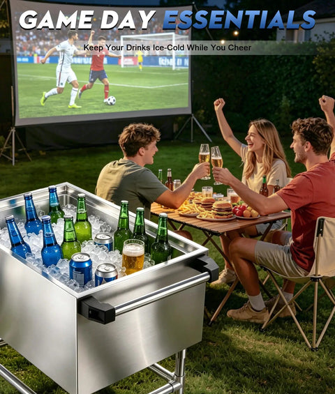 Ice Bin Cart With Wheels For Outdoor Parties And Patio Events A Portable Insulated Cooler Cart, stainless steel, in use