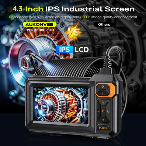 Borescope Camera With Light For Tight Spaces 4.3 Inch IPS HD Display Live View Inspection Camera With 50ft SemiRigid Cable Pro Grade High Definition 1920P on screen