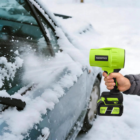 Powerful Cordless Leaf Blower With 21V Battery And Charger blowing snow off car with green lightweight handheld design