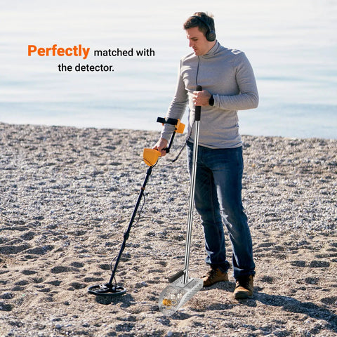 Person using Long Handle Sand Scoop With Shovel For Metal Detecting At The Beach Heavy Duty Stainless Steel Beach Digging Tool