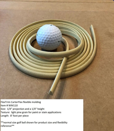 Ultra Flexible Quarter Inch By Quarter Inch Quarter Round Trim 8 Ft Long Polyurethane Paintable shown coiled with golf ball.