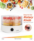Premium Electric Food Dehydrator Packing Five BPA Free Trays For Backyard Jerky Dried Fruits And Fresh Herbs Smooth Countertop with rotary knob.