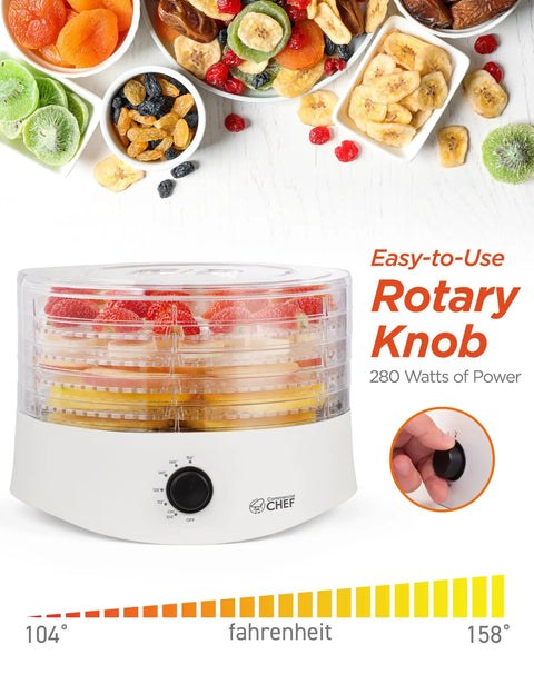 Premium Electric Food Dehydrator Packing Five BPA Free Trays For Backyard Jerky Dried Fruits And Fresh Herbs Smooth Countertop with rotary knob.
