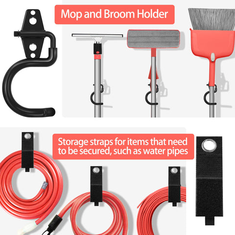Mop and broom holder with black steel hook, showcasing straps for securing items, part of Badass Heavy Duty Garage Hooks.
