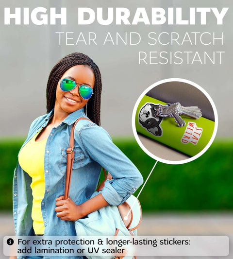 Front view: printable vinyl sticker paper, 8.5 x 11 inches, white glossy, waterproof adhesive; inset shows a key.