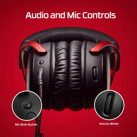 Close-up of Cloud III Wired Gaming Headset audio and mic controls, featuring mic mute button and volume wheel.