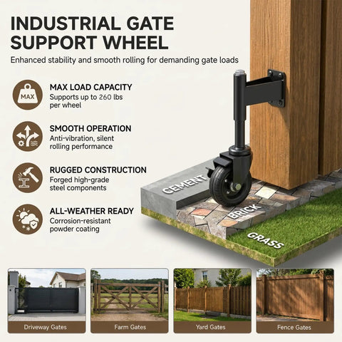 Heavy Duty Workhorse 4 Inch Galvanized Steel Gate Wheels With Locking Foot Brake Black 2 Pack on a multi-surface support base